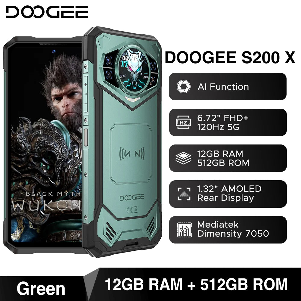 DOOGEE S200 X 5G Rugged Phone 48GB 512GB Dimensity 7050 6.72” FHD+120Hz 10100mAh 100MP Camera Android 16 NFC Smartphone