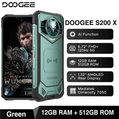 DOOGEE S200 X 5G Rugged Phone 48GB 512GB Dimensity 7050 6.72” FHD+120Hz 10100mAh 100MP Camera Android 16 NFC Smartphone
