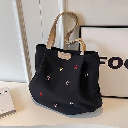 Women's large-capacity canvas handbag - fashionable embroidery letter design, green shoulder handbag