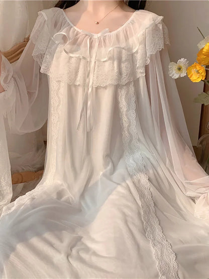 Women Ruffles Vintage Nightgowns Lolita Princess Sleepwear White Lace Mesh Fairy Night Dress Victorian Nightdress Loungewear
