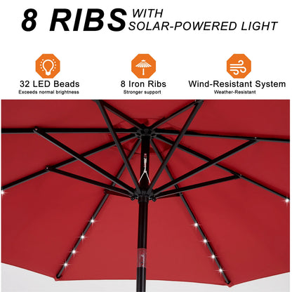 JHK 10FT Solar Patio Umbrella with 32 LED Lights UV-Resistant Outdoor Table Umbrella with Tilt and Crank for Backyard Garden