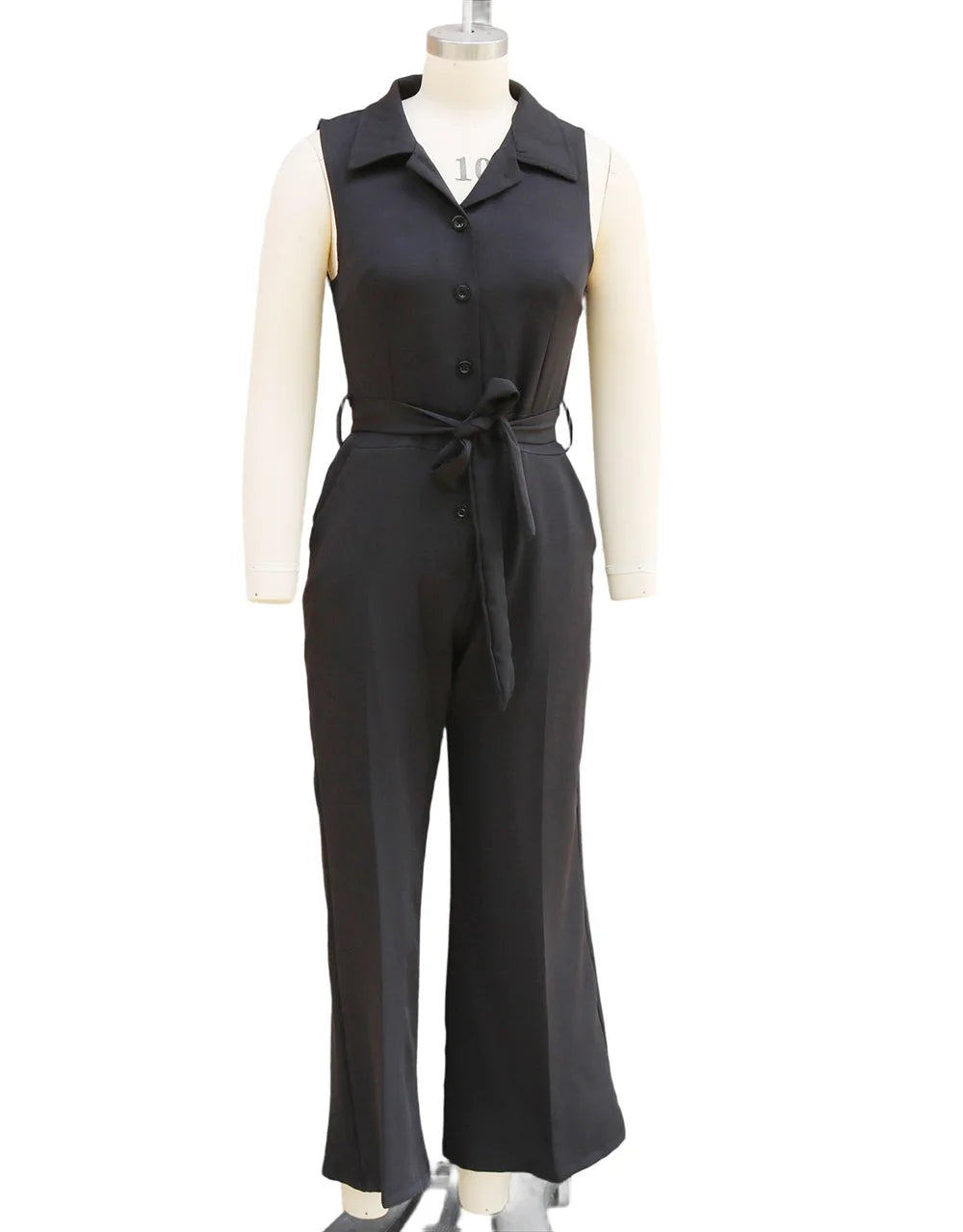 Sleeveless Lapel Jumpsuit Women's Fashion Button Down Shirt Collar Solid Color Wide Leg Commuting Office With Pocket Jumpsuit