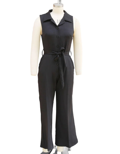 Sleeveless Lapel Jumpsuit Women's Fashion Button Down Shirt Collar Solid Color Wide Leg Commuting Office With Pocket Jumpsuit