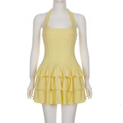Vacation Halter Mini Dress For Women Solid High Waist Puffy Dress Ruffled Splice Fashion Sexy Slim Dress 2025 Summer New