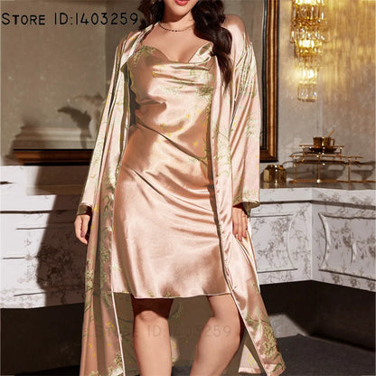 Summer New Women 2PCS Robe Set Nightgown Print Flower Kimono Bathrobe Gown Plus Size Silk Satin Sleepwear Loungewear Home Dress