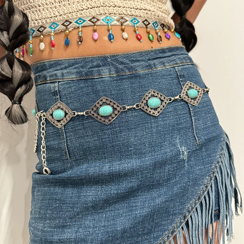 Fashion Silver Bohemian female circular waist chain luxury blue gemstone Ellipse chain belts for women suitable for Skirts dress