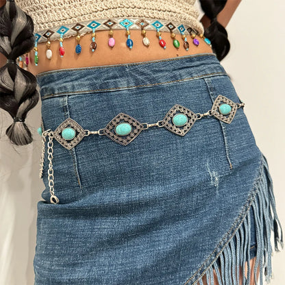 Fashion Silver Bohemian female circular waist chain luxury blue gemstone Ellipse chain belts for women suitable for Skirts dress