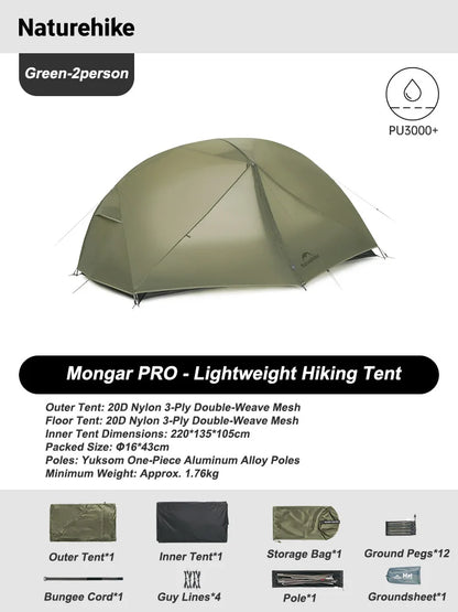 Naturehike Mongar Tent Camping Tent 2 Person Ultralight Professional Waterproof & Windproof Backpack Tent 20D Nylon Travel Tent