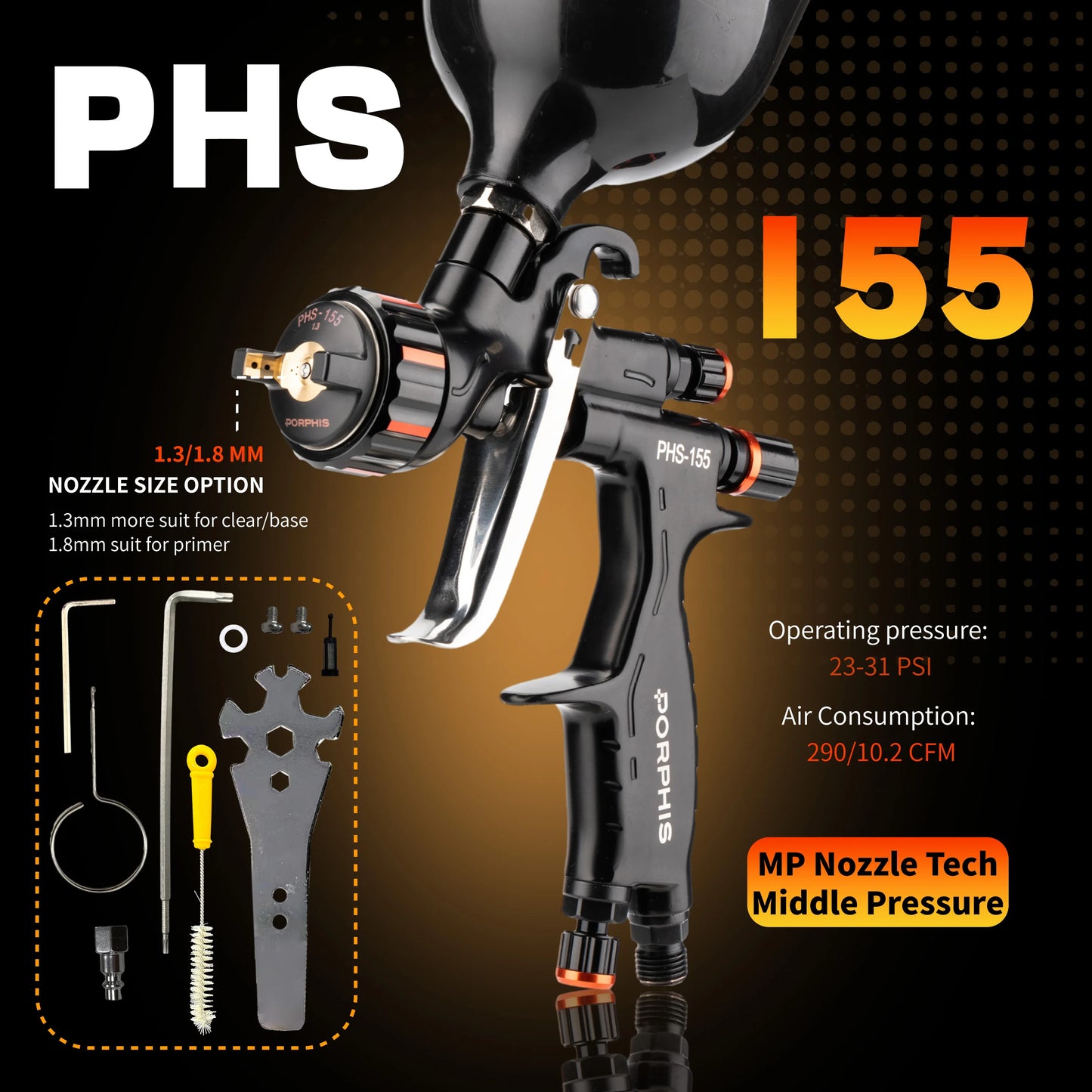 Original PORPHIS MP PHS-155 Paint Spray Gun Professional Automotive Paint Gun For Car Painting Repair Spray Gun Pneumatic tool