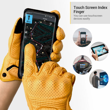 Vintage Leather Motorcycle Gloves Summer Breathable Unisex Biker Gloves With Anti-Slip Ventilation Design Motorbike Ride Glove