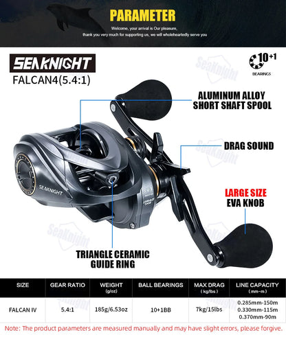 SeaKnight Brand FALCAN IV 5.4:1 185g Lightweight Baitcasting Fishing Reels Carbon Fiber Drag Brass Gear Power Fishing Reel