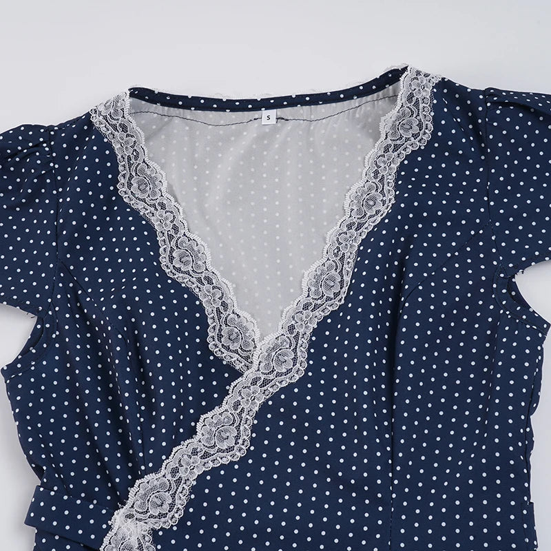 [RUOKE] French Elegant Street Dress Women Polka Dot Dress Sexy Lace Trim V Neck Mini Dress A-line Summer Casual Daily Outfit Y2K