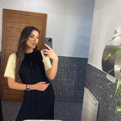 Elegant Knitted Single Breasted Midi Dress Women's Patchwork Dresses Female 2025 Summer Robe New Black Beige Robes Evening Party