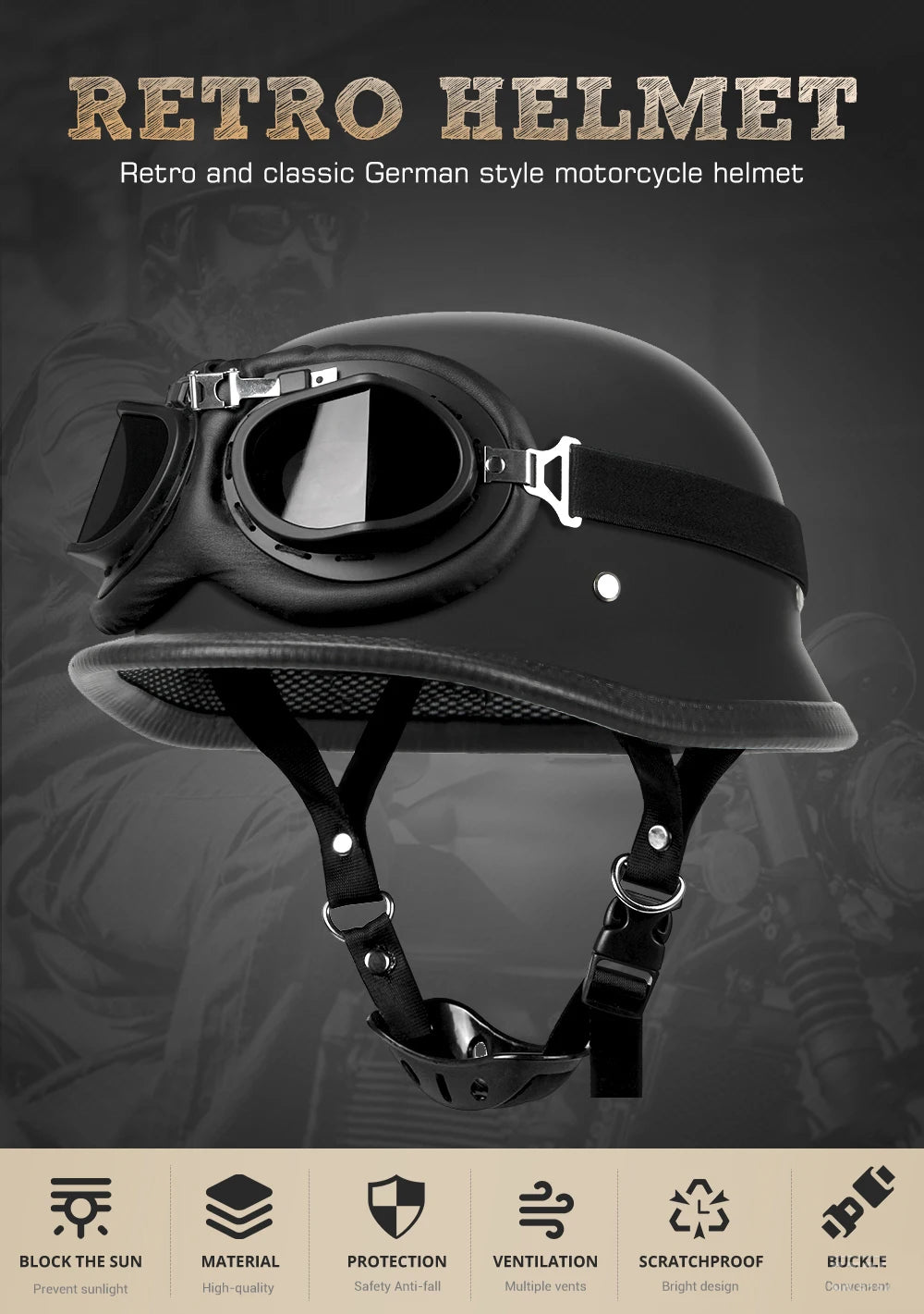 Motorcycle Helmet German Leather Style Pilot Motorcycle Open Face Retro Half Helmet Cruise Chopper Biker DOT Certification S-XXL