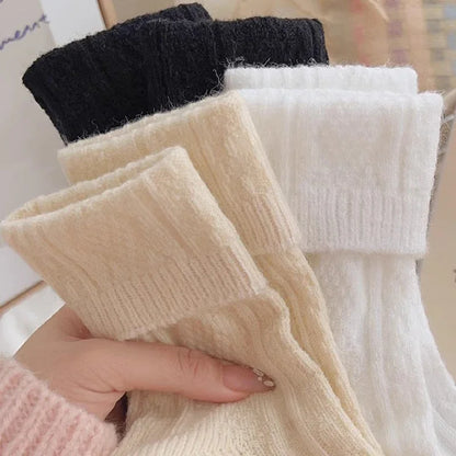 3Pairs Winter Cashmere Wool Socks Women's Winter Diamond Thicken Warm Black White Pack Set Thermal Japanese Fashion Solid Color