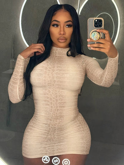 Weird Puss Hottie Snake Pattern Dress Women Winter Trend Full Sleeve Sexy Street Midnight Activity Stretch Skinny Mini Bodycon