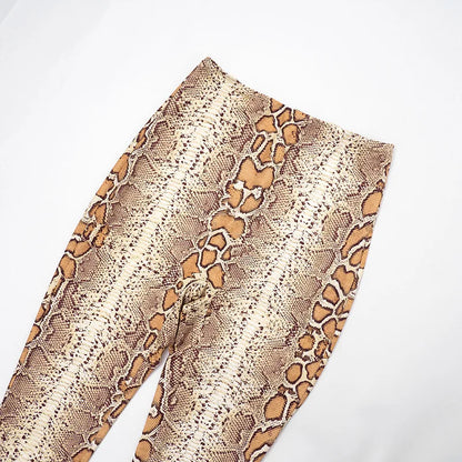 2026 Snake Print Sexy 2 Piece Set Women Spring Autumn Halter Long Sleeve Crop Tops+Pants Matching Stretch Streetwear Outfits