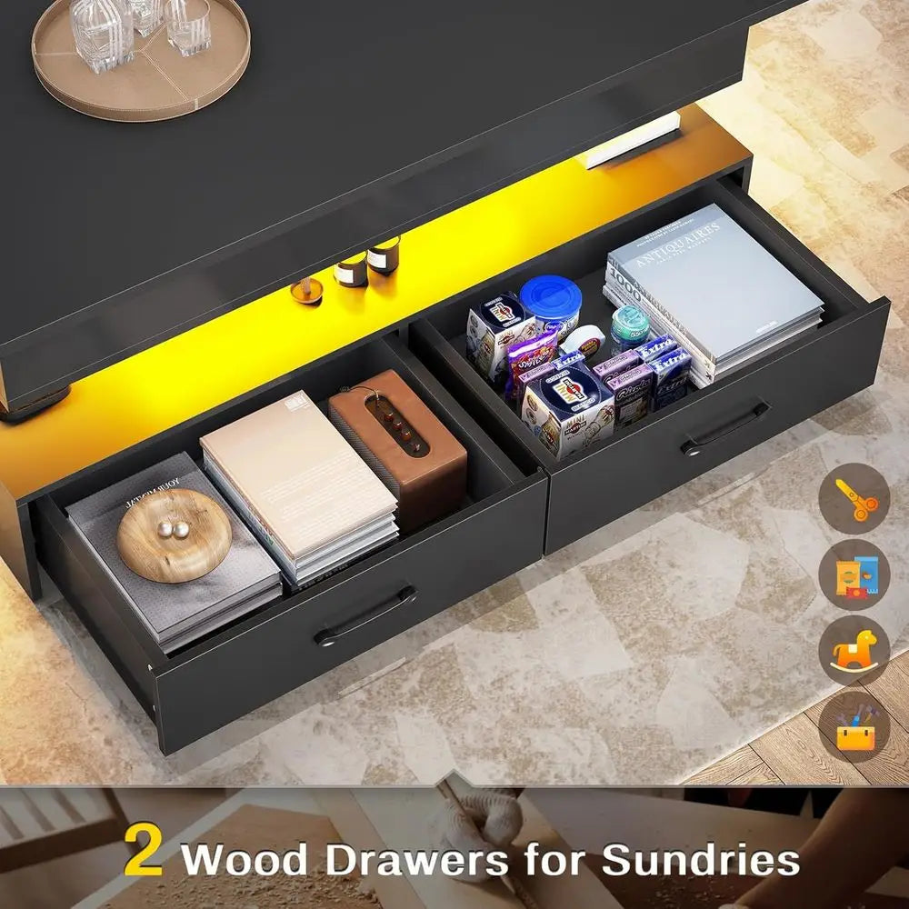 40in LED-Illuminated Coffee Table with Storage for Living Room, Compact with 2 Drawers, Black