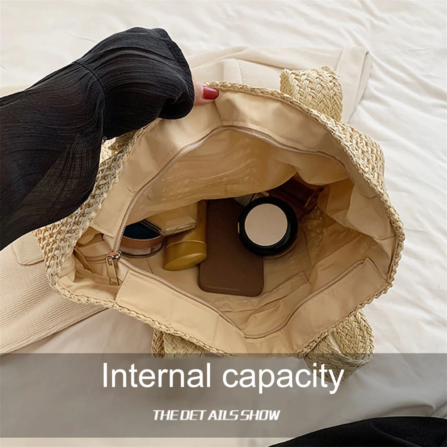Women Hand Woven Tote Bag Solid Color Large Capacity Square Handbag Straw Shoulder Bag with Tassel Pendant