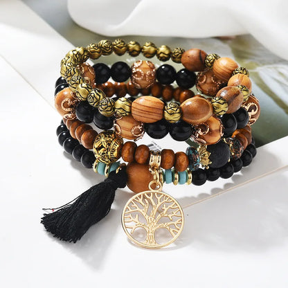 4Pcs Bohemia Tree Of Life Charm Beaded Bracelet Set For Women Handmade Wood Beads Chain Bangle Female Boho Jewelry