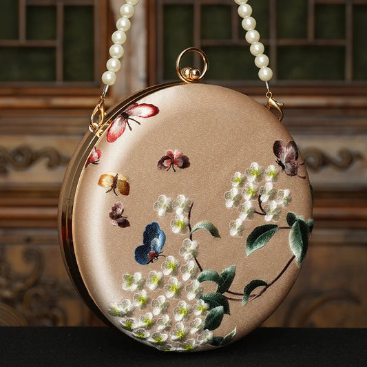 Cape-Bay Small Women's Bag, Silky Polyester Embroidered Bag, Embroidered Women's Bag, Retro Accessory Bag for Cheongsam, Chinese Ethnic Style Women's Ancient Style Small Bag, Noble Lady's Chain Bag, Gold Metal Frame Hard Shel