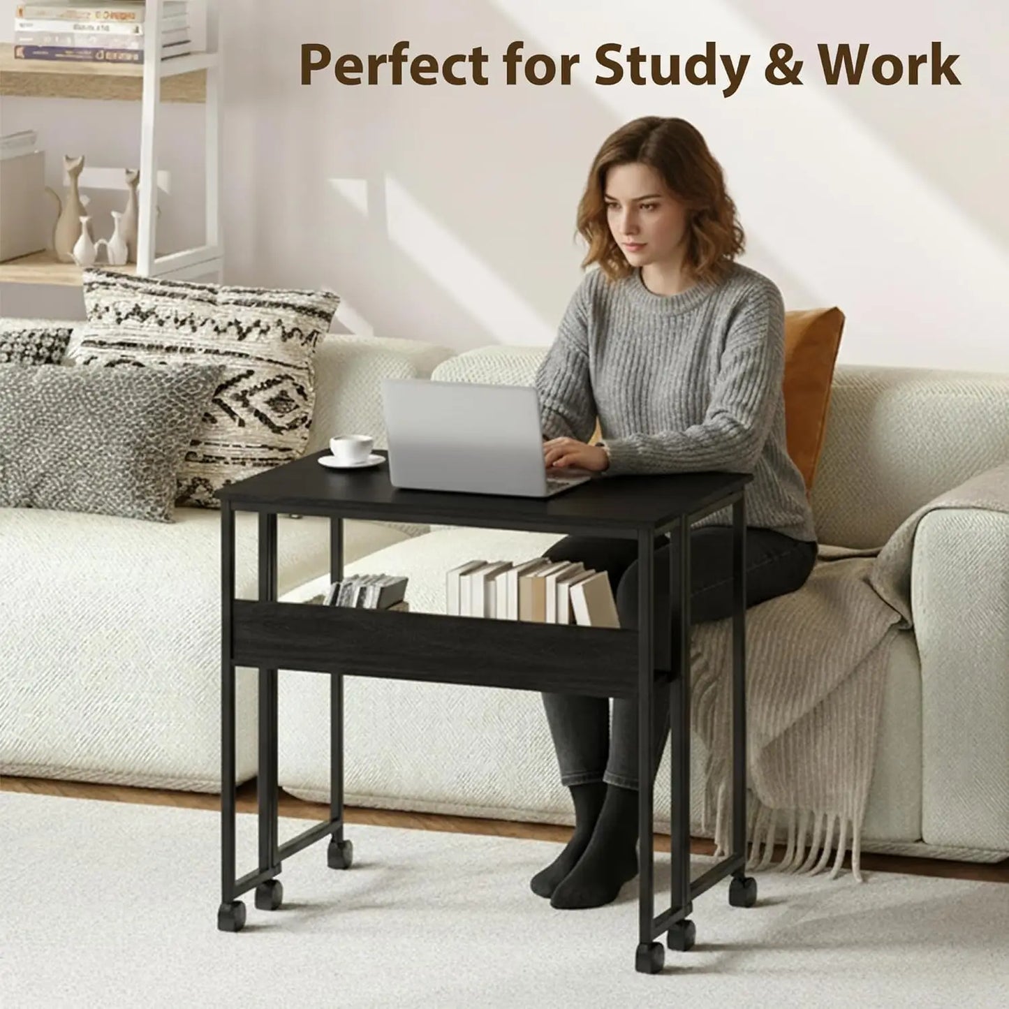 Black Folding Rolling Desk Space Saving with Laptop Table Storage Shelf Sturdy Frame Mobile Workstation Sofa Table with Wheels