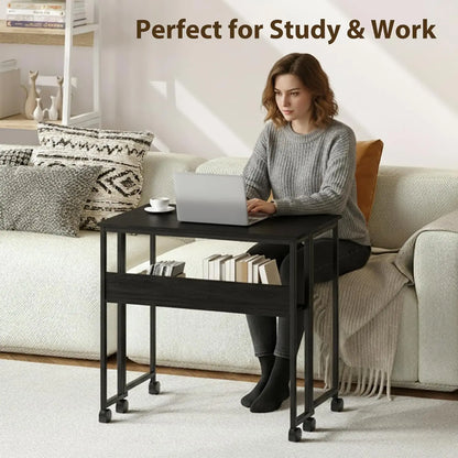 Black Folding Rolling Desk Space Saving with Laptop Table Storage Shelf Sturdy Frame Mobile Workstation Sofa Table with Wheels