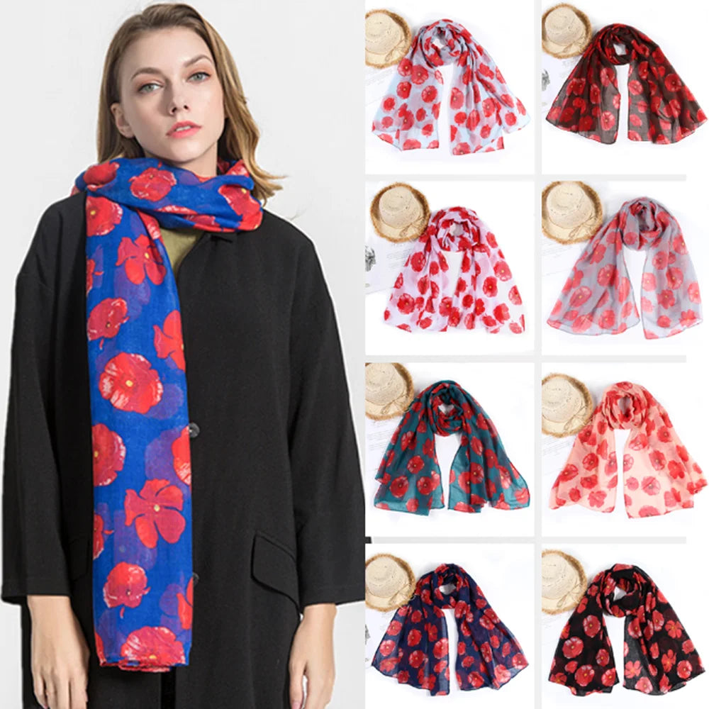 Colorful Poppy Print Scarf 180*90cm Smooth Poppy Floral Shawl Breathable Cotton Voile Poppies Floral Wrap for Women Ladies
