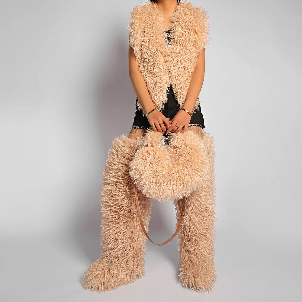 Spice Girl Solid Color Plush Women's Shoulder Bags Exquisite Handle Female Handbag Casual Versatile Furry Ladies Messenger Bag