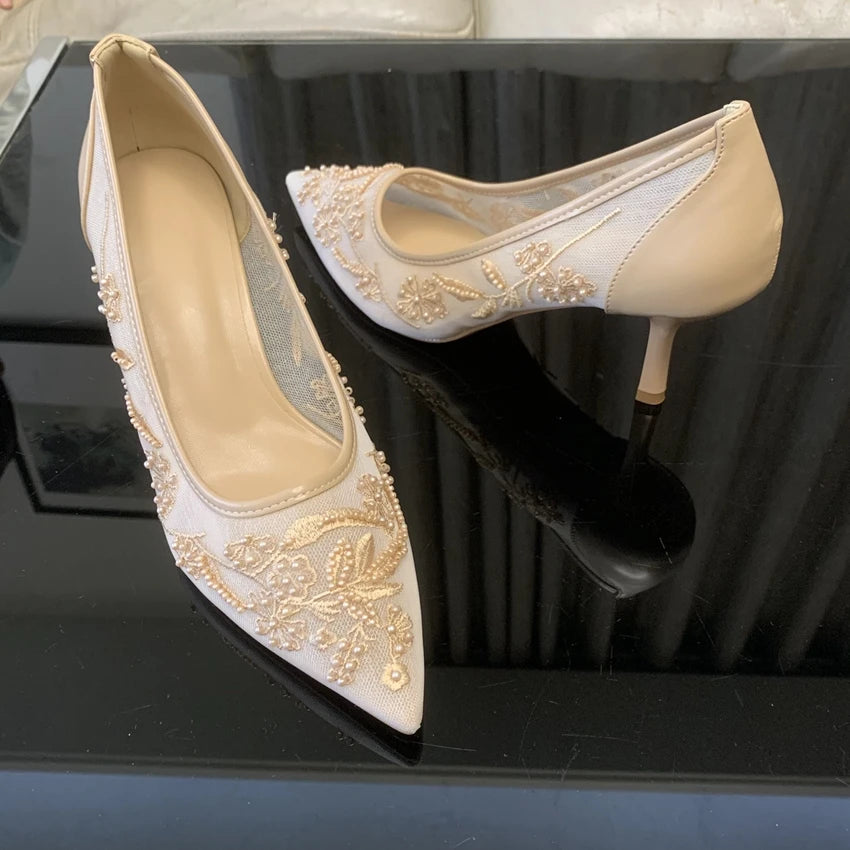 Pointed Toe Mesh Embroider High Heels for ladies Elegant String Bead pumps Sexy Luxury Designer Shoe Party Wedding Heeled Sandal