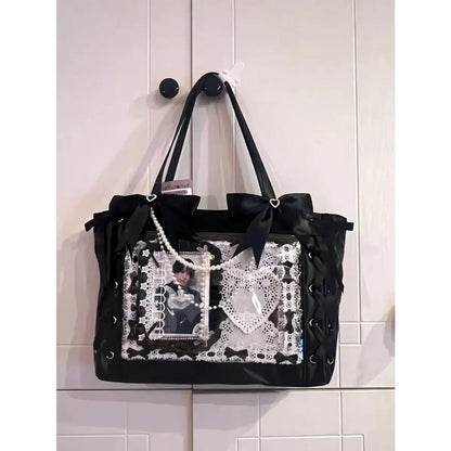 New Ribbon Cute Handbag for Women Large Capacity Transparent DIY Badge One-shoulder Tote Bag Japanese Sweet Girl Ulzzang Ita Bag