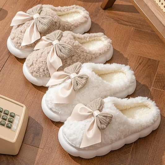 Thick Soled Non Slip Home Plush Slippers 2025 New Cotton Slippers for Women Bow Slippers for Autumn and Winter Warm for Women