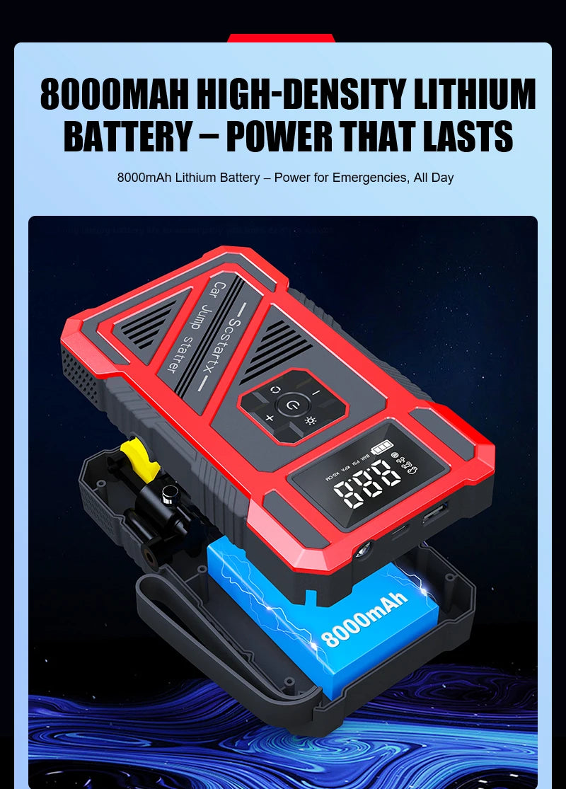 Portable 150PSI air pump, emergency car jump starter, power bank, LED lighting, air compressor,car starter suitable for all cars