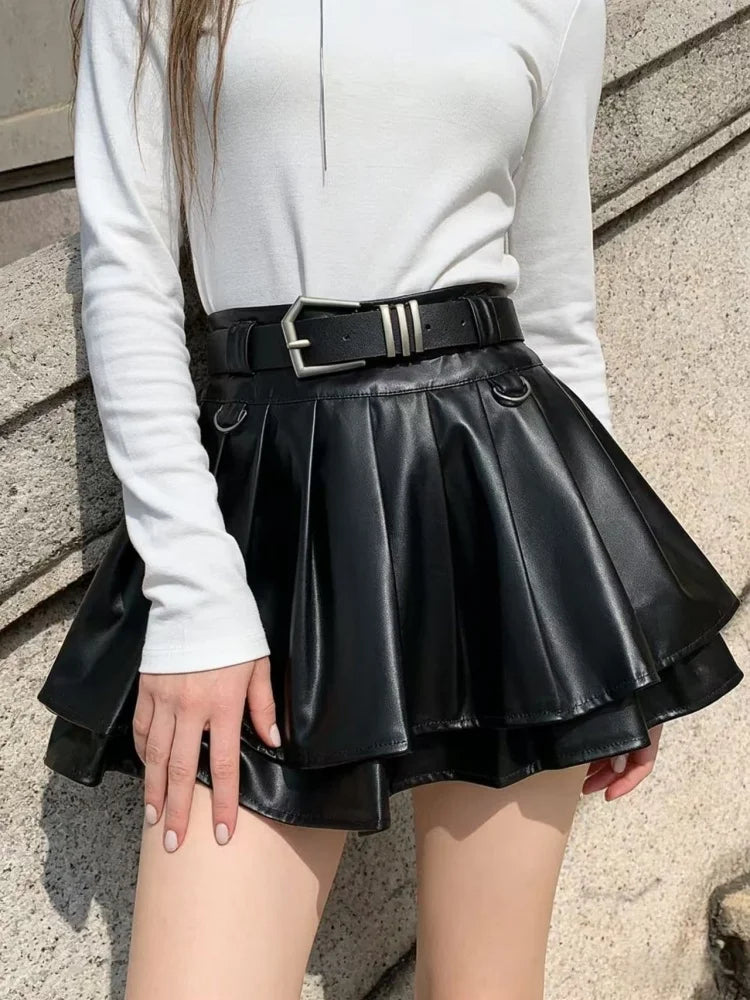 Women Black A-line Leather Skirt Vintage Aesthetic Y2k Pleated Skirt Harajuku Korean Gothic Mini Skirt Emo 2000s Clothes Summer