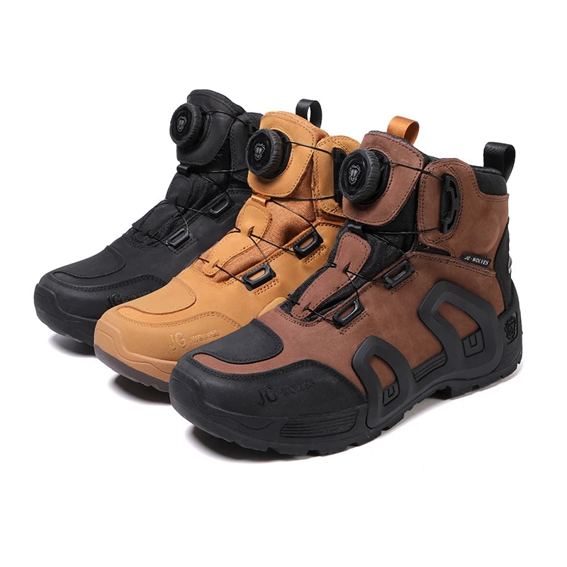 Men Motorcycle Riding Boots Waterproof Cowhide Leather Breathable Anti-Slip Wear-Resistant Street Moto Shoes