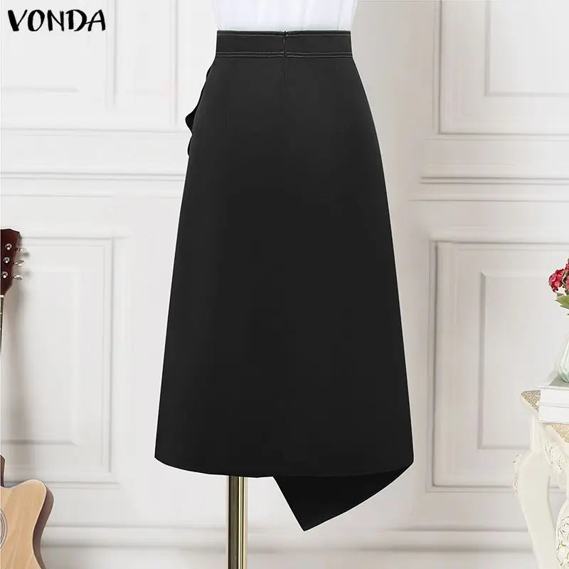 VONDA Plus Size 5XL Elegant Women Satin Skirts High Waist Button Pleated Asymmetrical Maxi Jupes Fashion Solid Long Faldas Saia