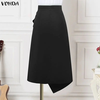VONDA Plus Size 5XL Elegant Women Satin Skirts High Waist Button Pleated Asymmetrical Maxi Jupes Fashion Solid Long Faldas Saia