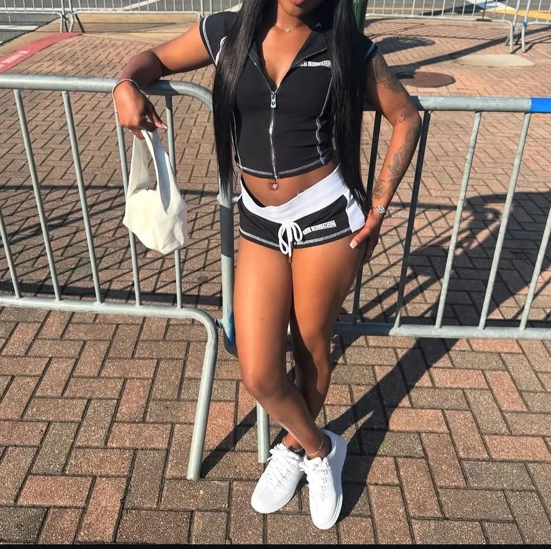 2025 Summer European and American Street Spice Girl Style Zipper Cardigan Slim Casual Sports Short-sleeved T-shirt Top Set