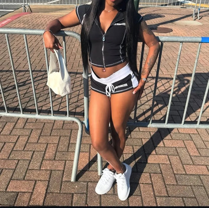 2025 Summer European and American Street Spice Girl Style Zipper Cardigan Slim Casual Sports Short-sleeved T-shirt Top Set