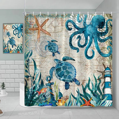 Nautical Green Sea Turtle Beach Theme Fabric Shower Curtain Set Bathroom Blue Ocean Decor with Grommets and Hooks