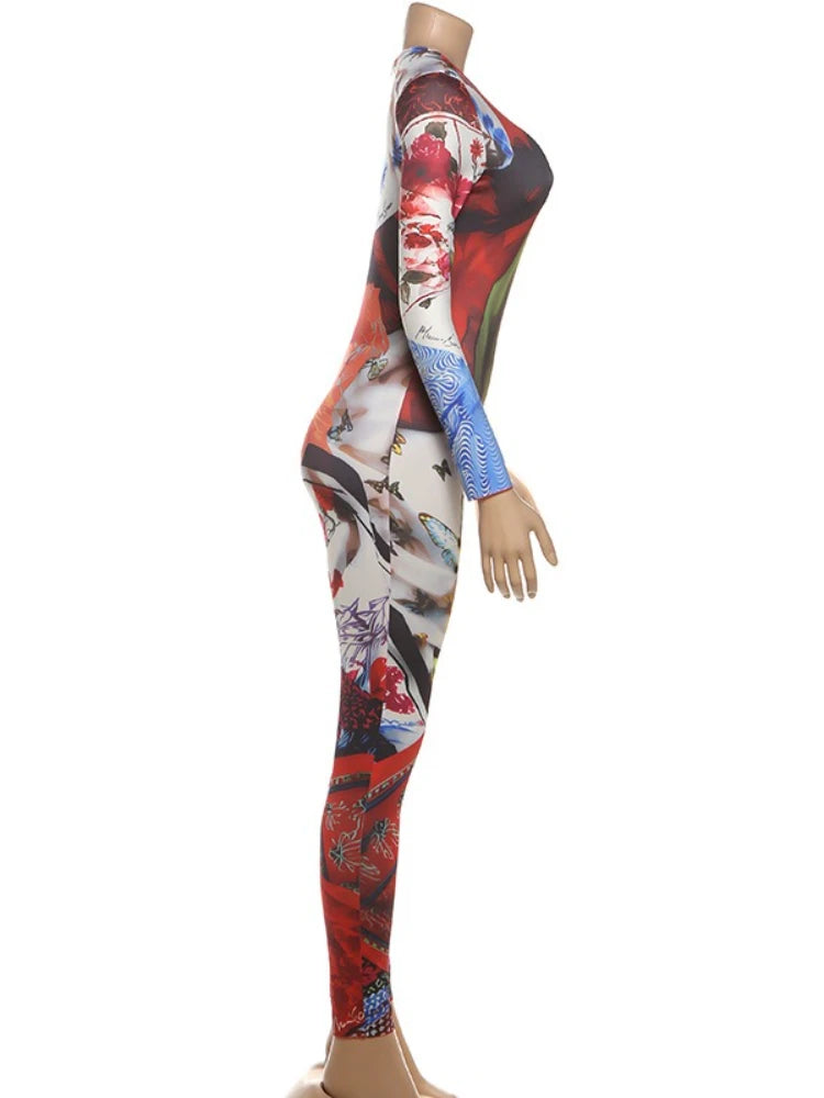 SsTss Elegant Printed Jumpsuit Women 2025 Autumn Fashion O Neck Long Sleeve Slim Stretchy Streetwear Casual One Piece Rompers