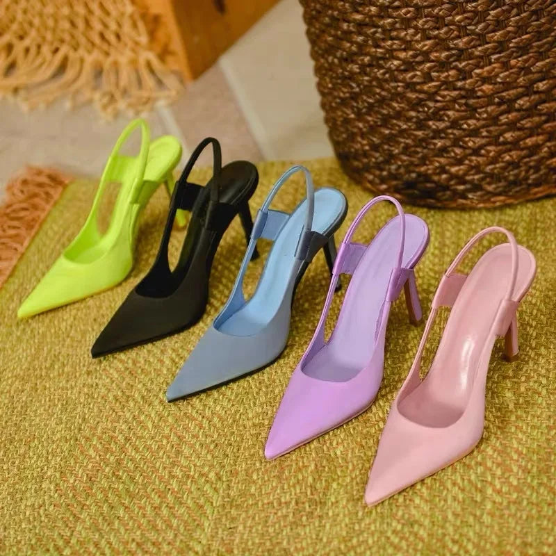 2025 New Fairy Pink Womens High Heel Sandals Pointed Toe Shallow Mouth Soft Leather Heels Ladies Fashion Banquet Versatile Shoes