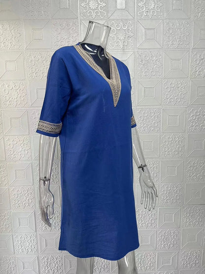 New solid color V-neck mid-sleeved elegant dress