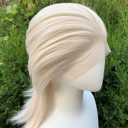 White Blonde Lace Front Wigs for Women 13×4 Glueless Wolf Tail Synthetic Hair Wig Heat Resistant Cosplay Wig for Men