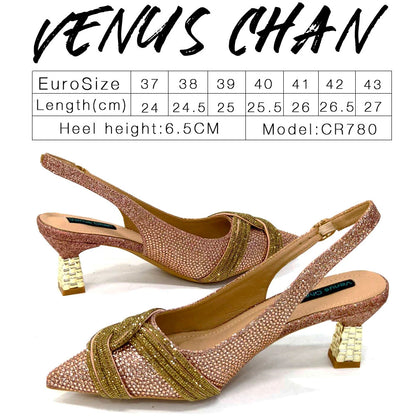Venus Chan 2024 Special Design High Quality Orange Color African Women Shoes and Bag Set with Shinning Crystal for Wedding Party