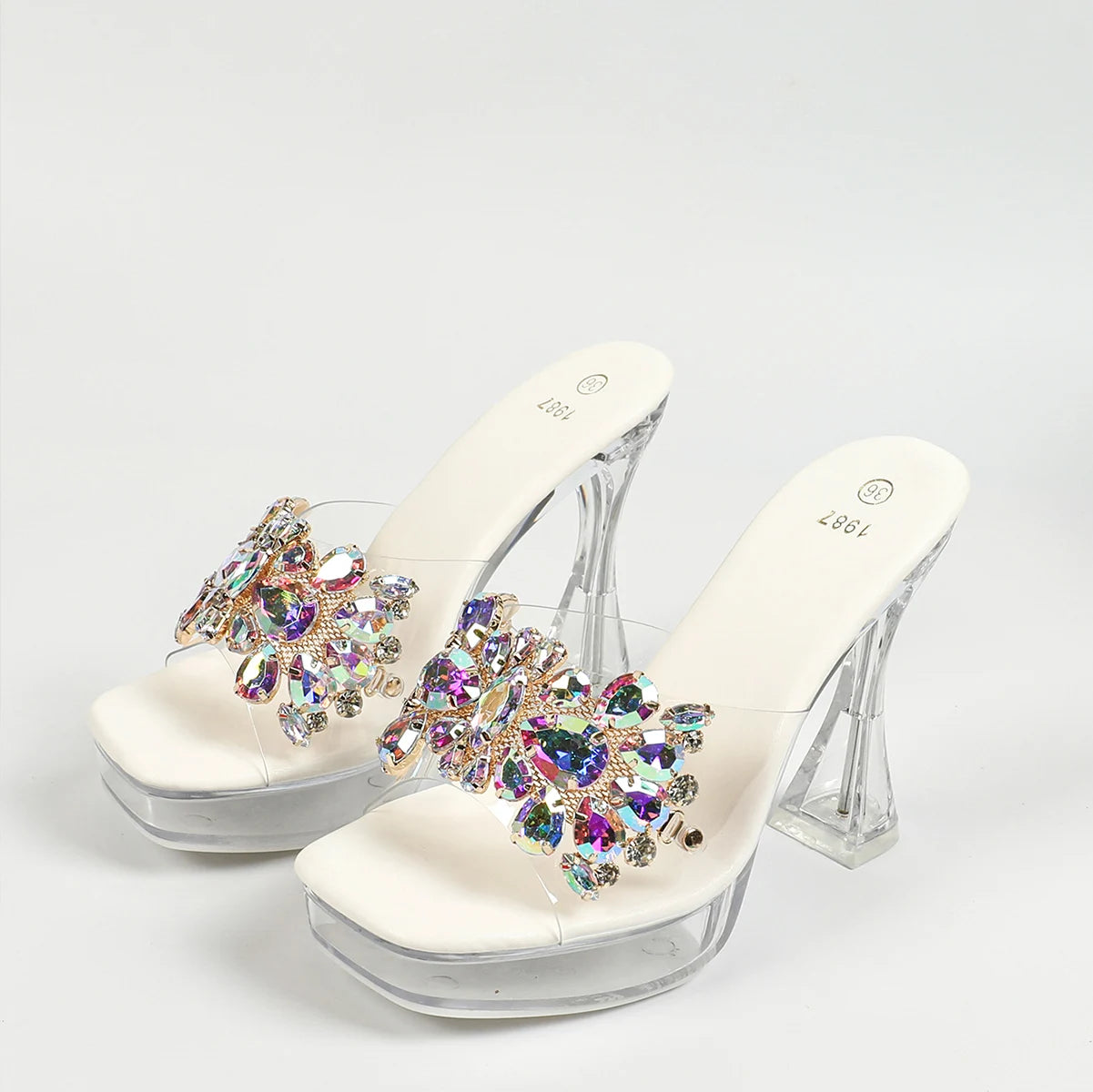 Women Rhinestone Slippers Summer Outside High Heels 2024 New Square Toe Thick Platform Sandals Transparent Shoes Size 43 Mules