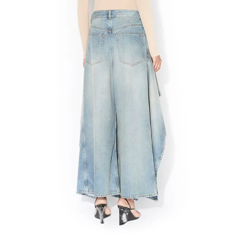 Irregular ruffled denim flared pants for women - high-waisted, loose-fitting, slimming, floor-length pants. 2026 new style.
