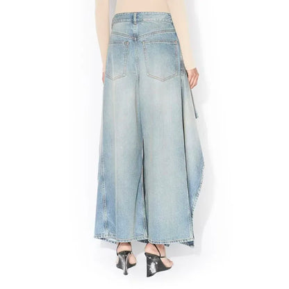 Irregular ruffled denim flared pants for women - high-waisted, loose-fitting, slimming, floor-length pants. 2026 new style.