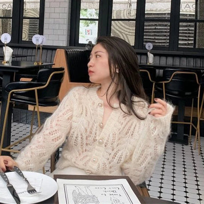 2025 French Style Mohair Cardigan Sweater Women Autumn Sexy Hollow Out Short Knitted Coats Mujer Y2K Chic Design Streetwear Tops