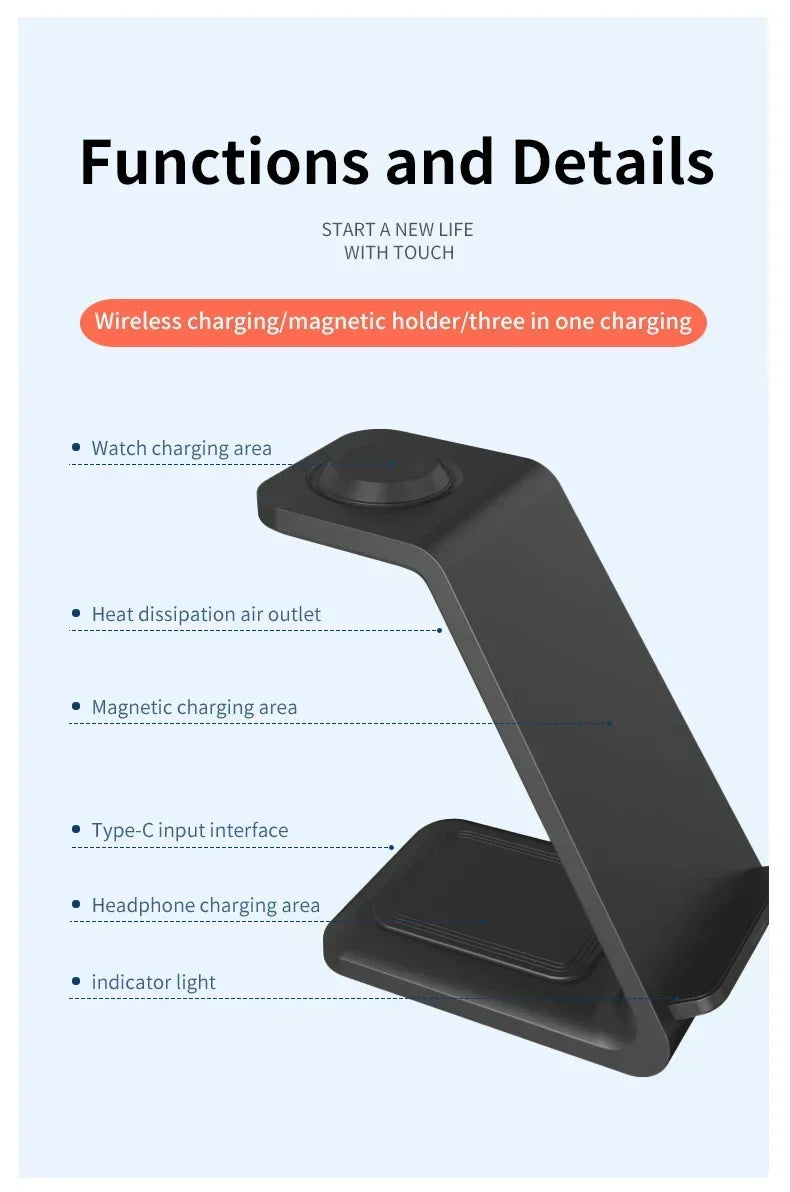 VIKEFON  3 in 1 Wireless Charger Stand for iPhone 16 15 14 13 12 Samsung Galaxy Apple Watch Airpods Pro Fast Charging Station